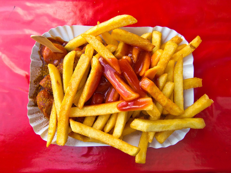 currywurst, french fries, french