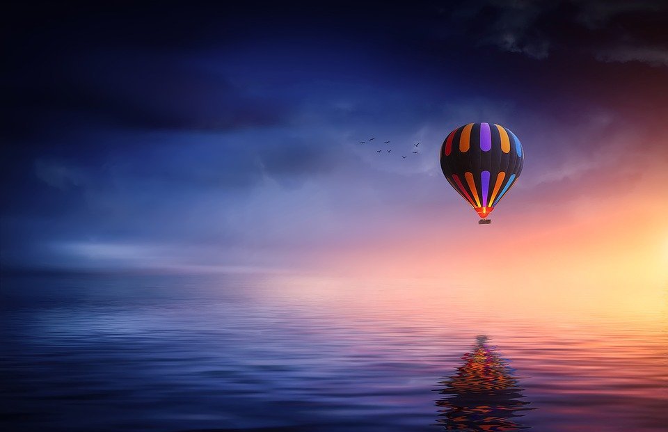 hot air balloon, lake, balloon