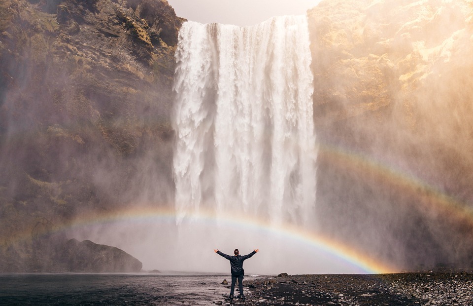 waterfall, rainbow, spray