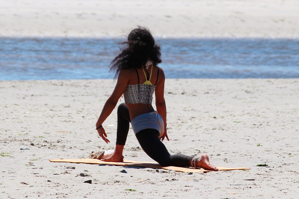 yoga, woman, beach
