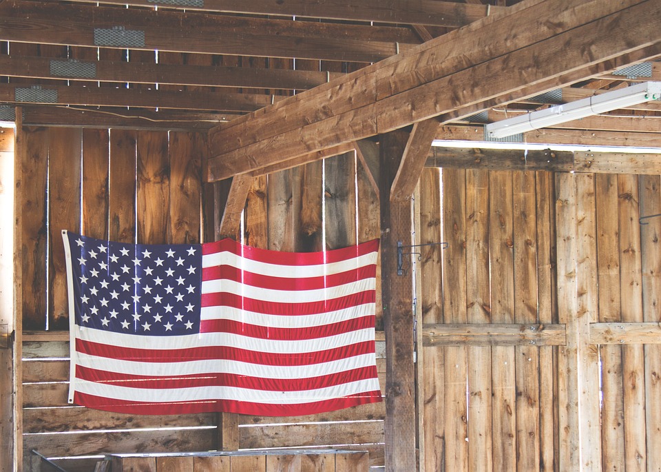 american flag, hanging, barn
