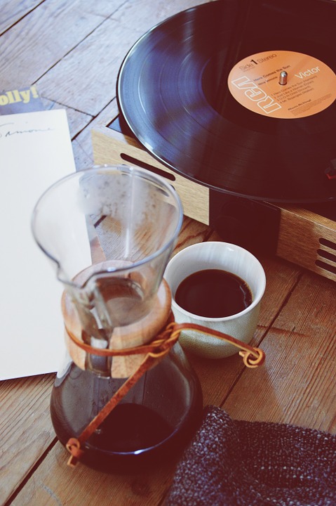 coffee, vinyl record, music