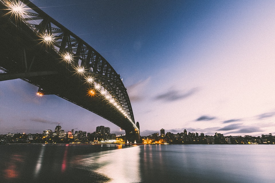 bridge, night city, sunset