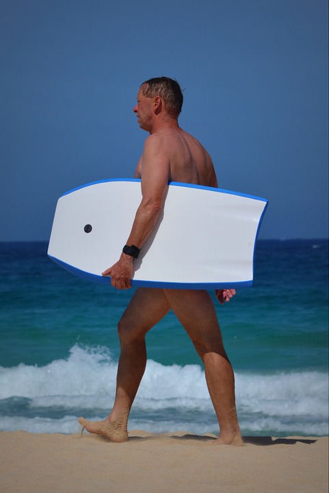 man, surfboard, sea