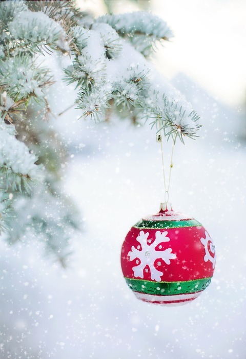christmas ornament, bulb, snowy tree