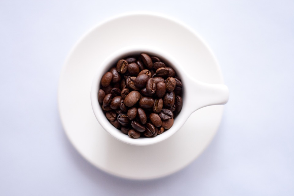 coffee beans, cup, plate