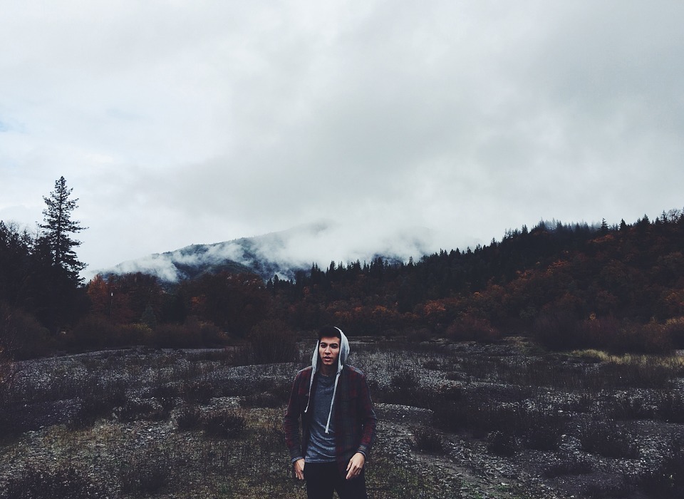 guy, hoodie, mountains