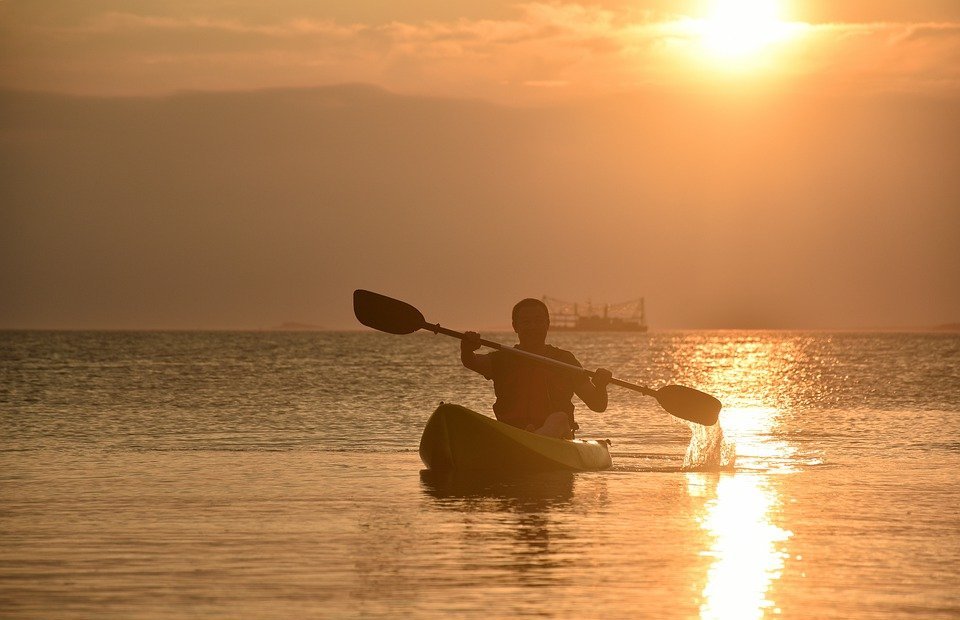 kayaking, sunset, lake