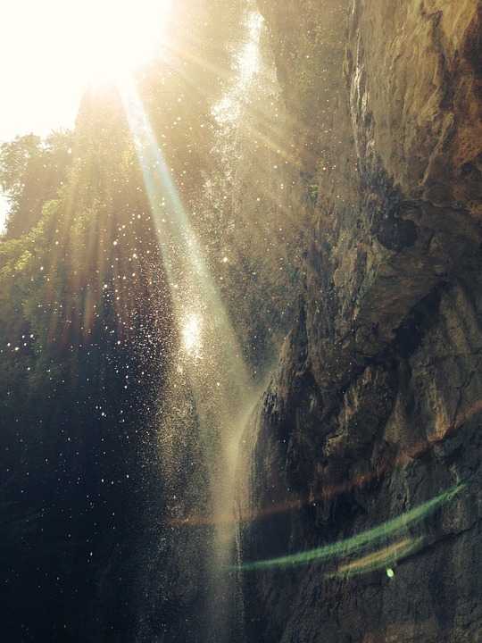 waterfall, backlit, rock