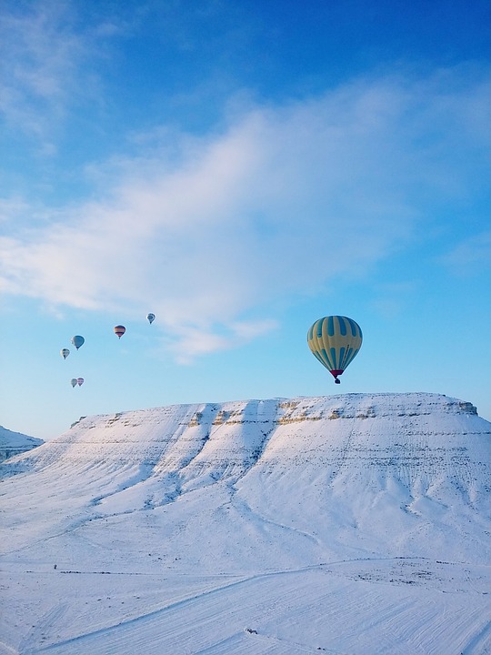 hot air balloon, turkey, snow