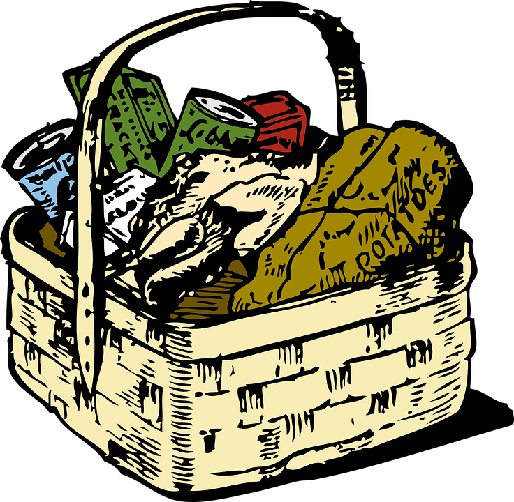 picnic basket, straw, food