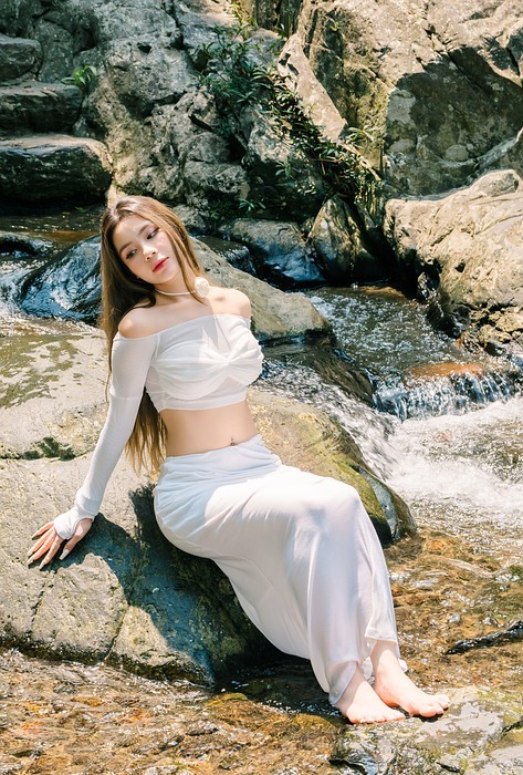 waterfall, woman, fashion