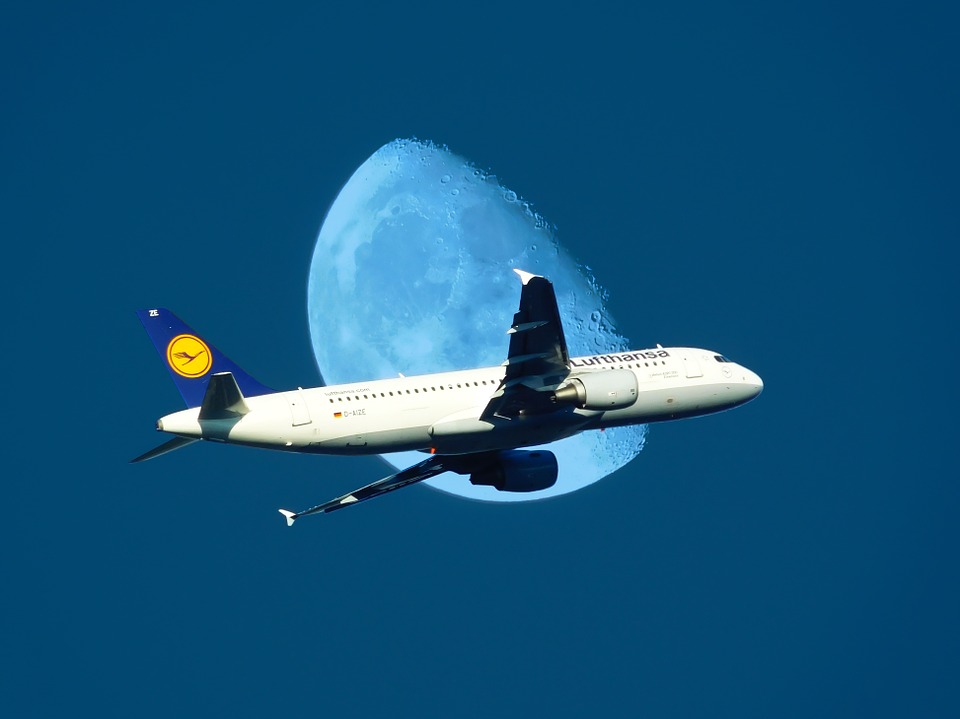 aircraft, moon, twilight