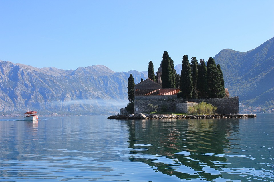 island, lake, monastery