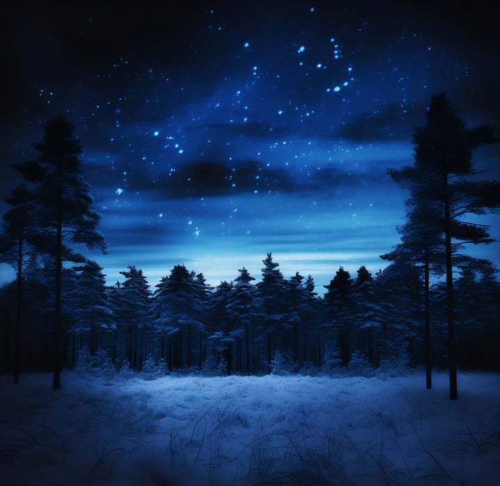 night sky, snowy forest, snow