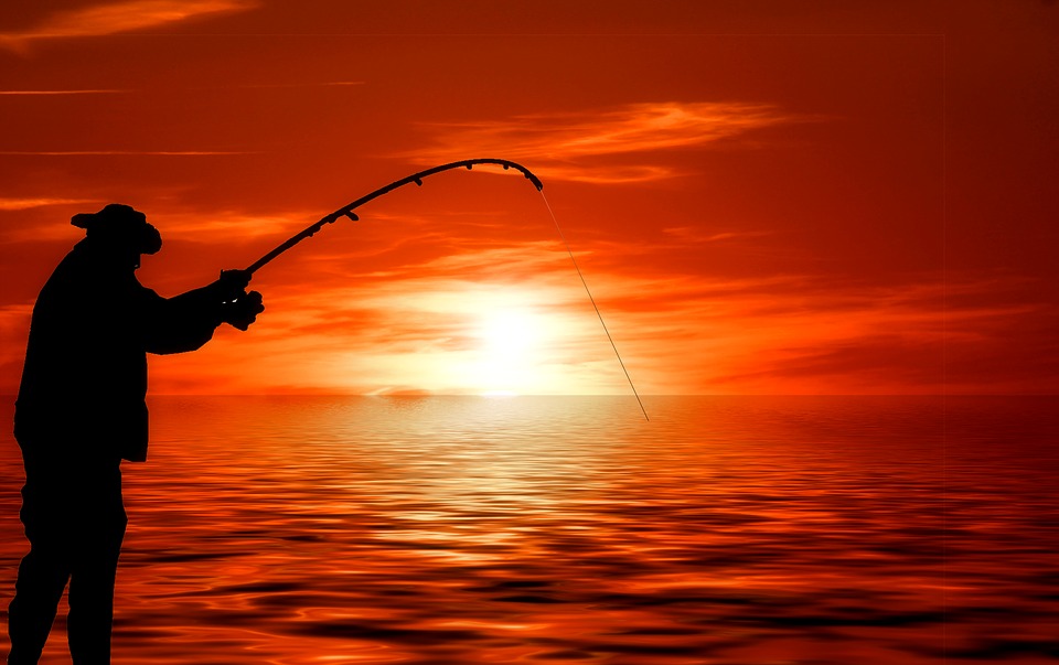 angler, sunset, clouds
