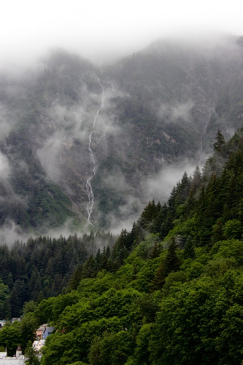 waterfall, forest, mountain