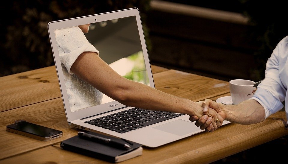 handshake, hands, laptop