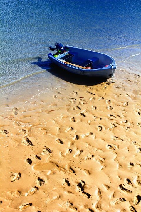 boat, sand, foot prints