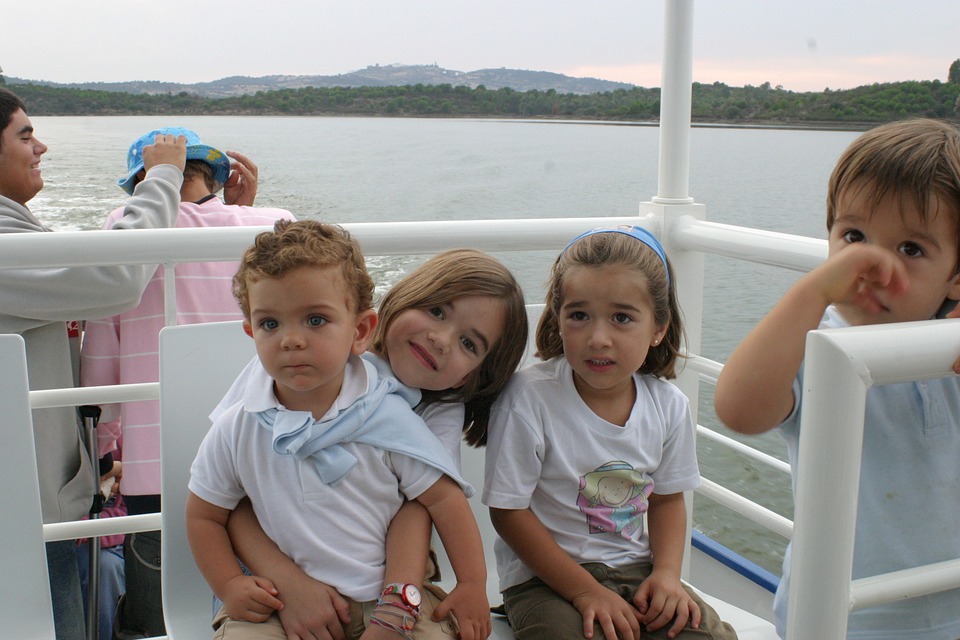 children, boat, lake