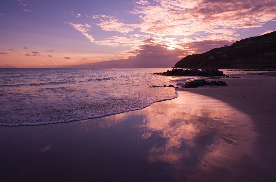 beach, sunset, reflection
