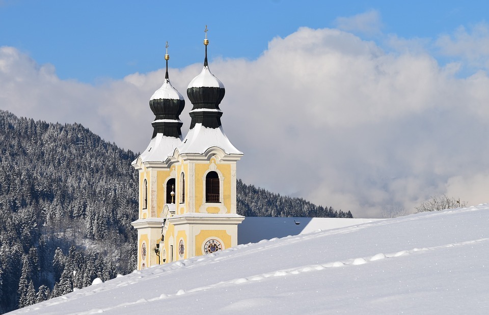 church, winter, snowy
