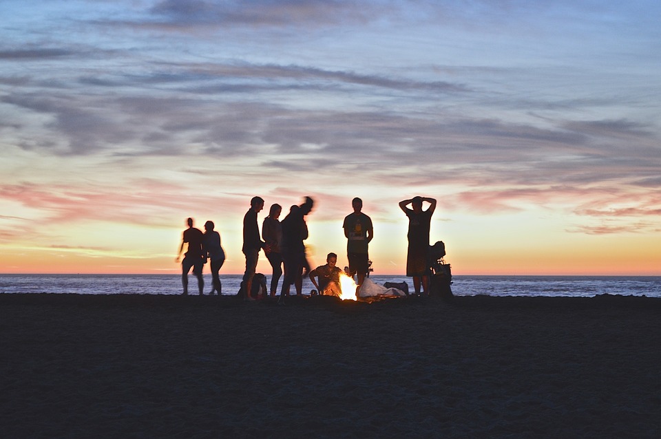 campfire, beach, people