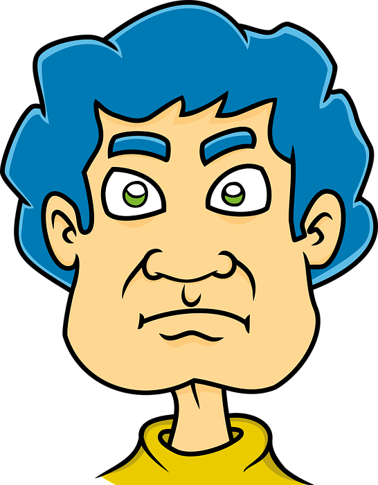 angry man, blue hair, caricature