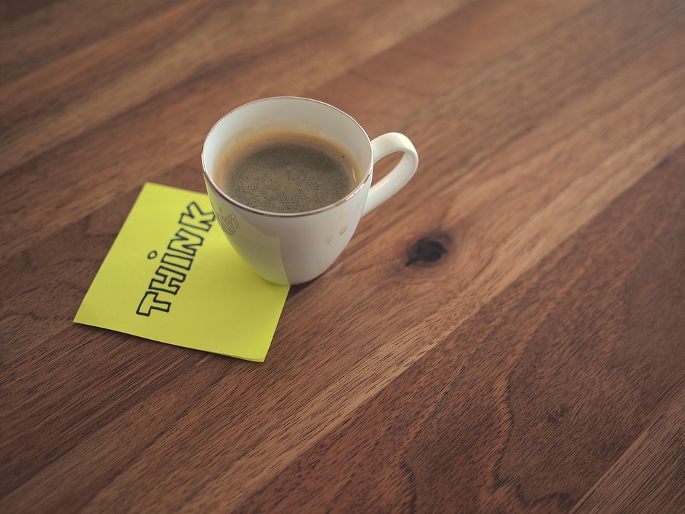post-it note, coffee, cup
