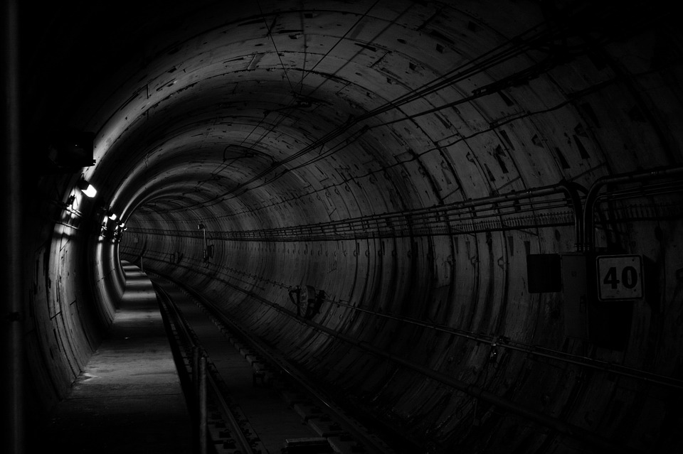 tunnel, underground, black and white