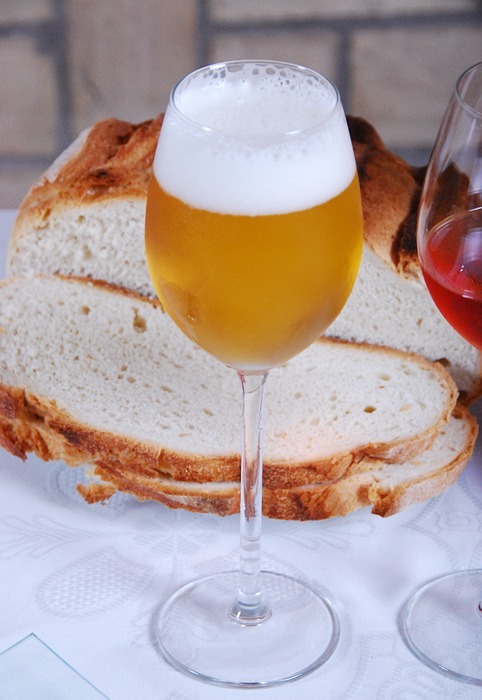 bread, beer, table
