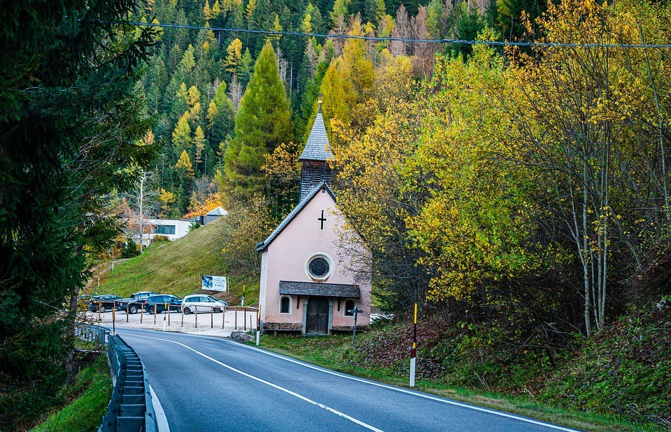 catholic chapel, autumn forest, leaves