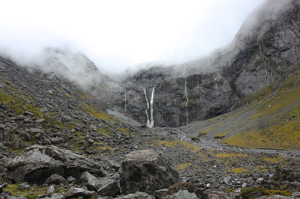 mountains, waterfall, fog