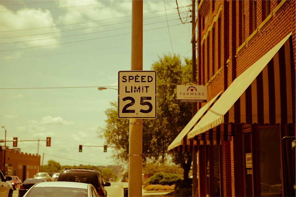speed limit, street, traffic lights