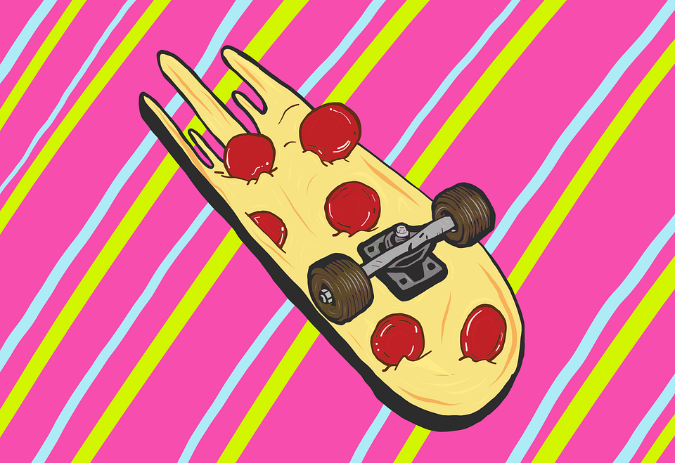 skateboard, pizza, art
