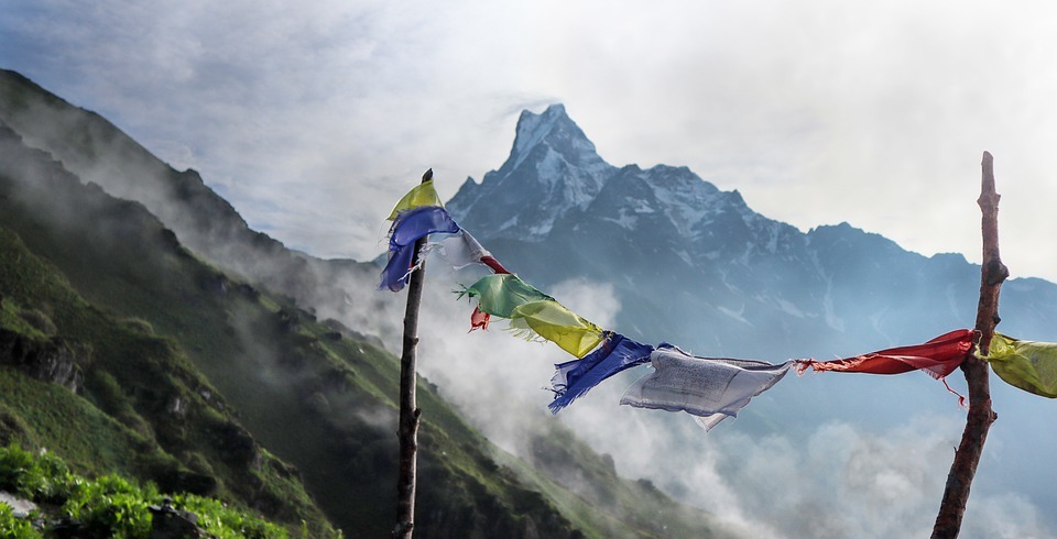 mountain, himalaya, prayer flags