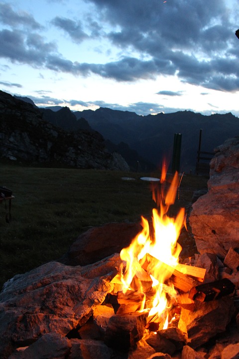 campfire, fire, mountains