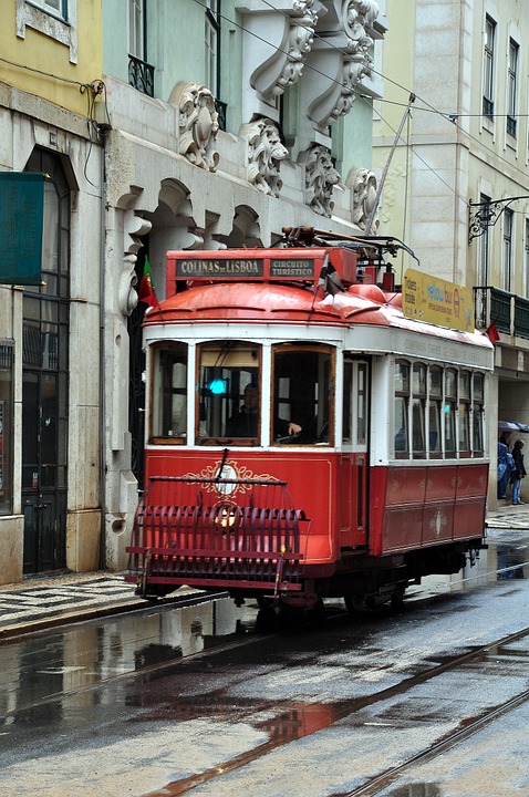 the tram, lisbon, after the rain