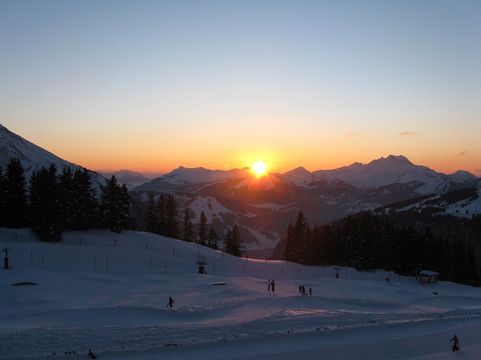france, skiing, sunset