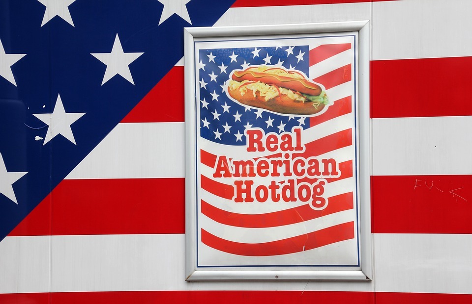 advertising, real american hotdog, flag