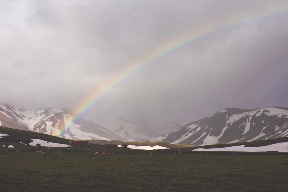 rainbow, valley, mountains