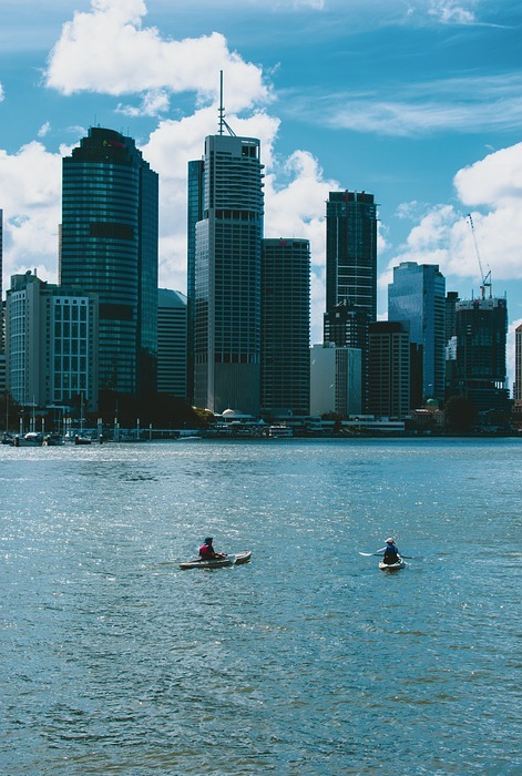 skyscrapers, kayaking, river