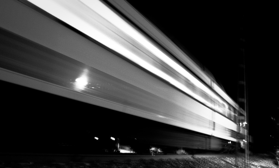 train, black and white, speed