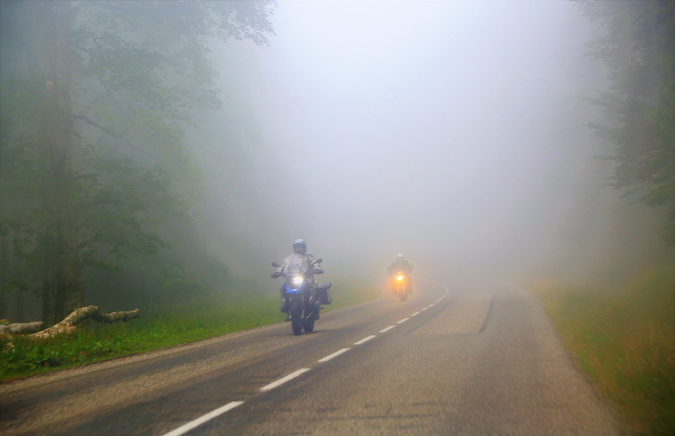 motorcycle, road, fog