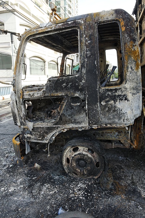 truck, burnt, damage