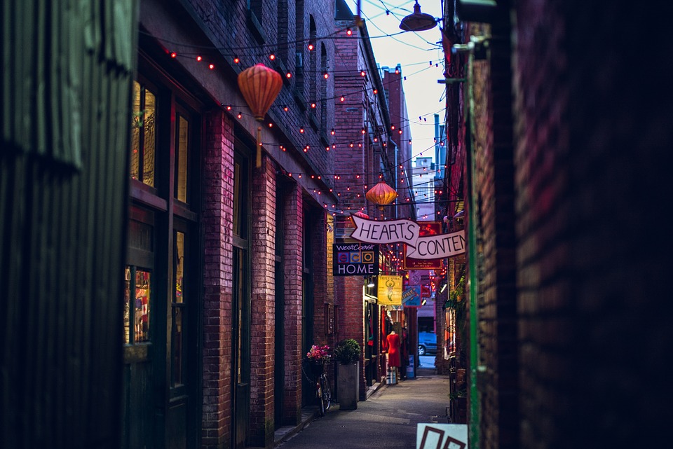 alley, urban, storefronts