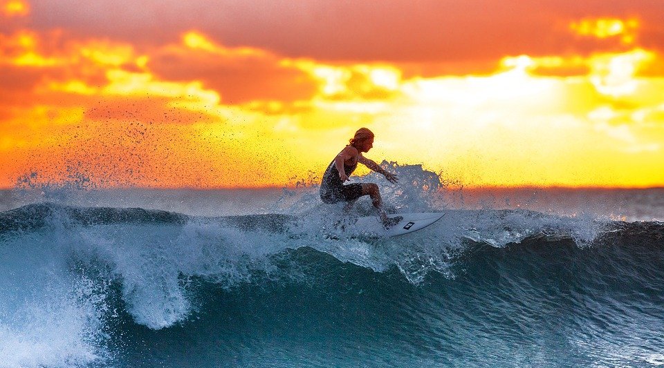 surfing, sunset, sea