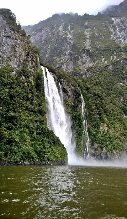 waterfall, fjord, rocks