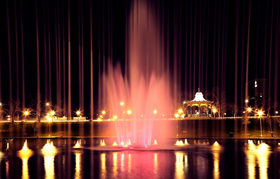 fountain, water, lights