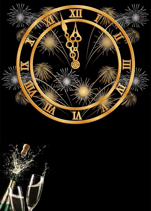 new years background, clock, fireworks
